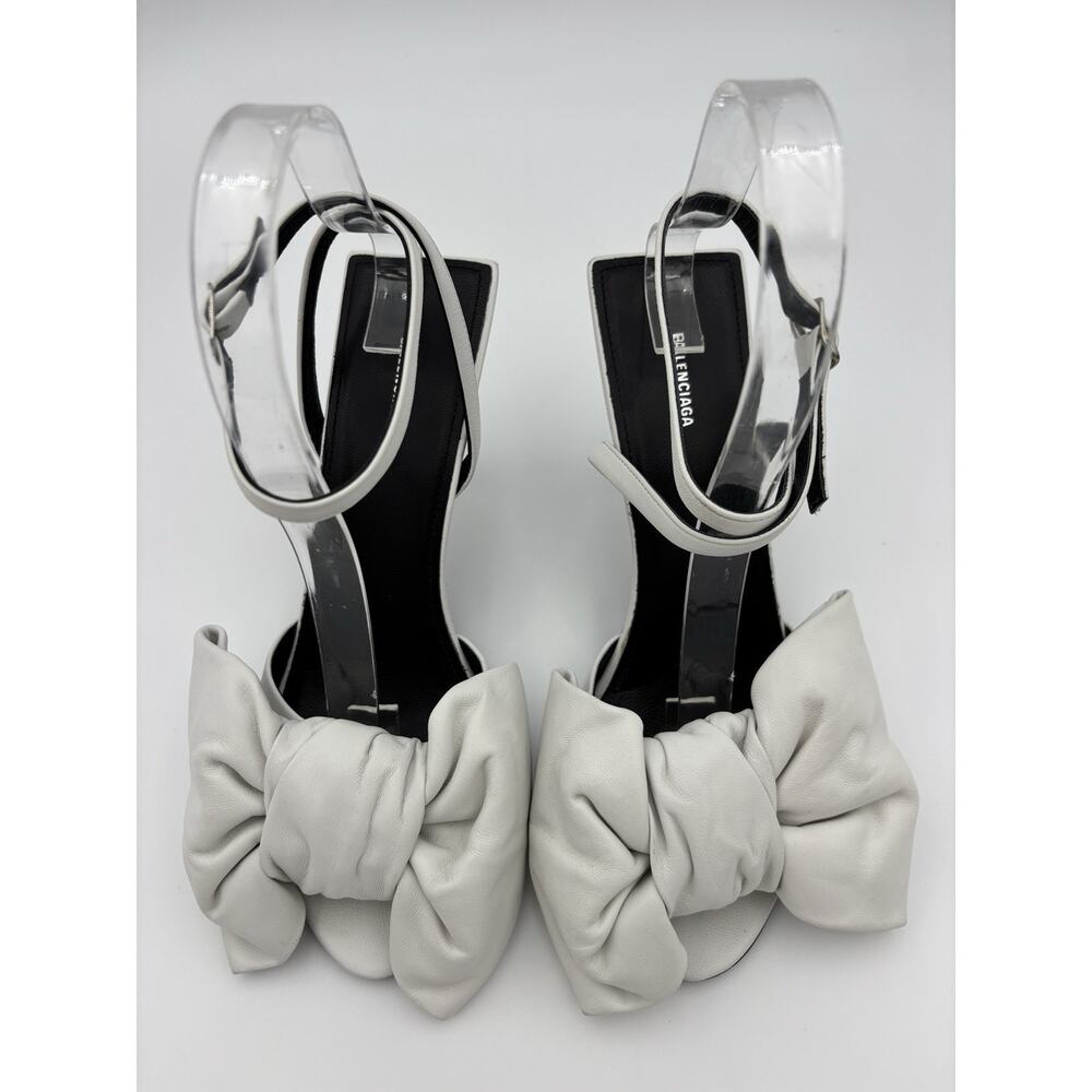 Balenciaga Knife Bow Sandals White Leather Size 37 / 7 Ankle Strap Pillow Puff - Picture 2 of 16